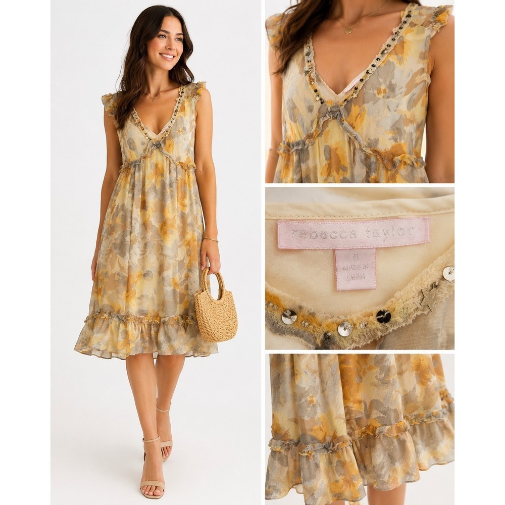 Rebecca Taylor Silk Blend Floral Ruffle Dress Womens 6 Yellow Gray...